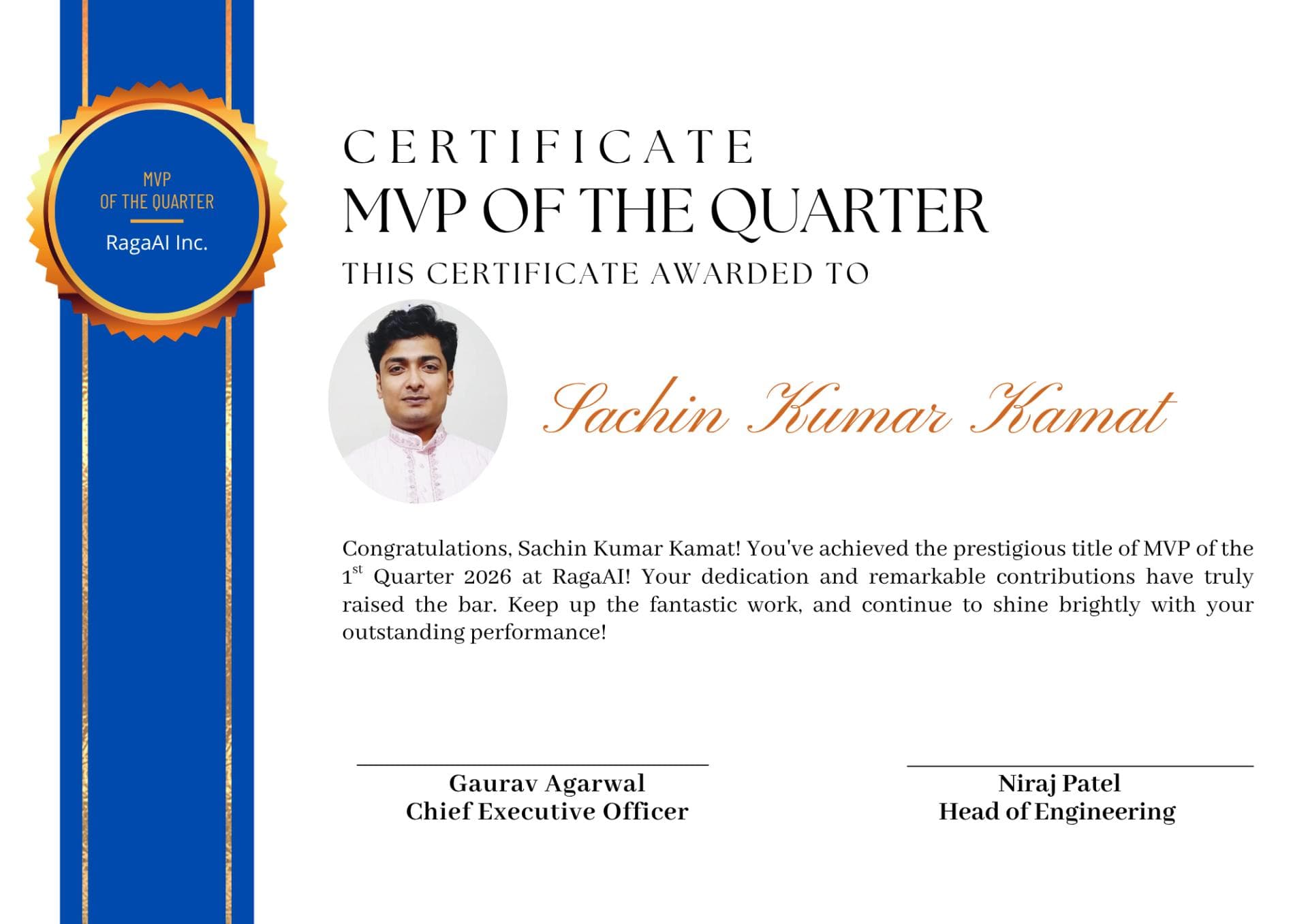 MVP of the Quarter certificate awarded to Sachin Kumar Kamat by RagaAI for Q1 2026